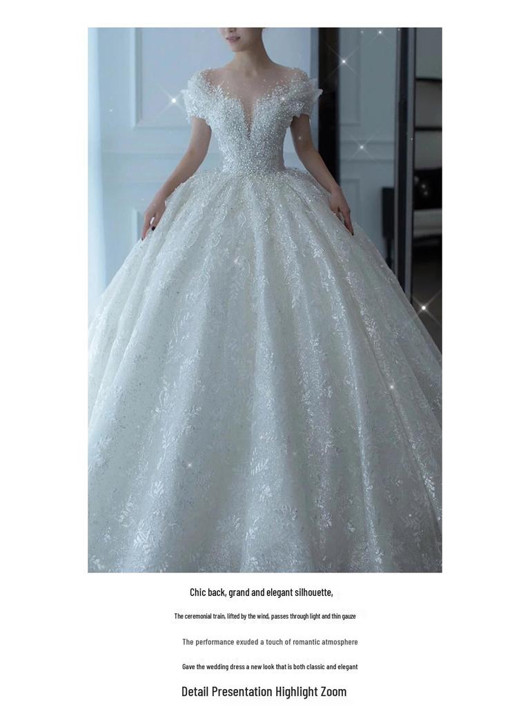 2025 French Luxury Wedding Dress for Petite Pregnant Bride - Princess Style with Train and Heavy Embroidery (D102)