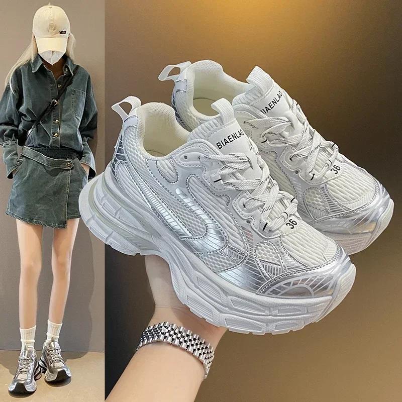 Women's Chunky Sneakers White Luxary Ladies Running Casual Sneakers Fashion Light Sports Fitness Mesh Shoes Mid Heel Pumps