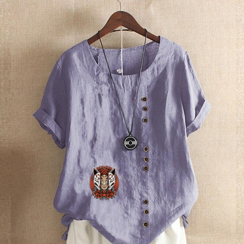 Women's Fashion Round Neck Short Sleeve T-shirt Casual Cotton Linen Graphic Shirt Leisure Loose Cartoon Characters Prined Summer Blouse Tops