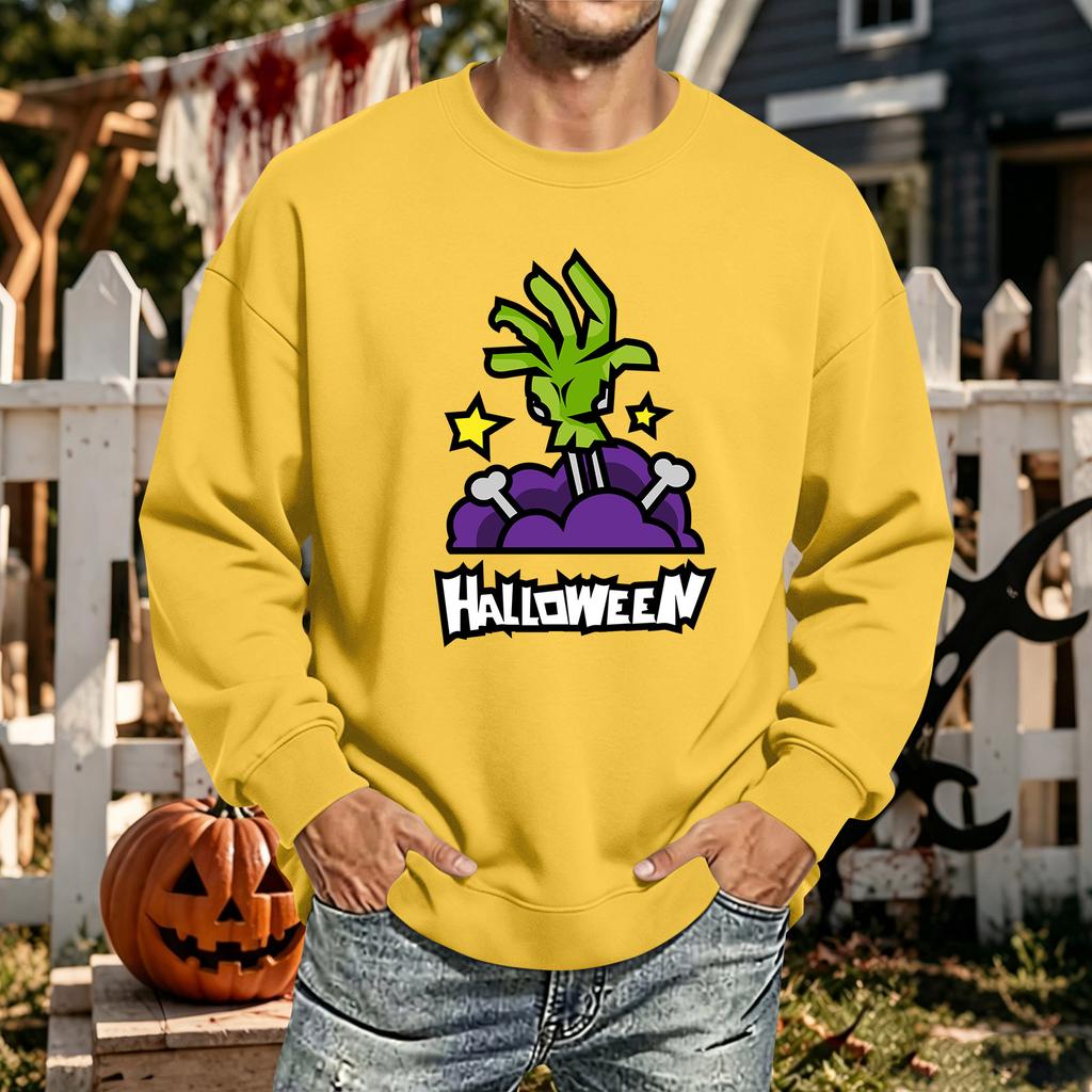 Men's Halloween Printed Long Sleeve T-Shirt Unisex Crewneck Casual Sports Top