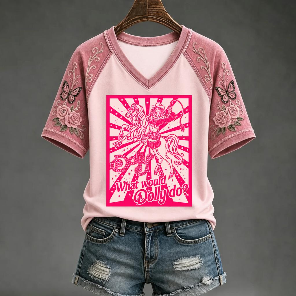 Women's V-Neck Short Sleeve Raglan Printed Top Casual Blouse