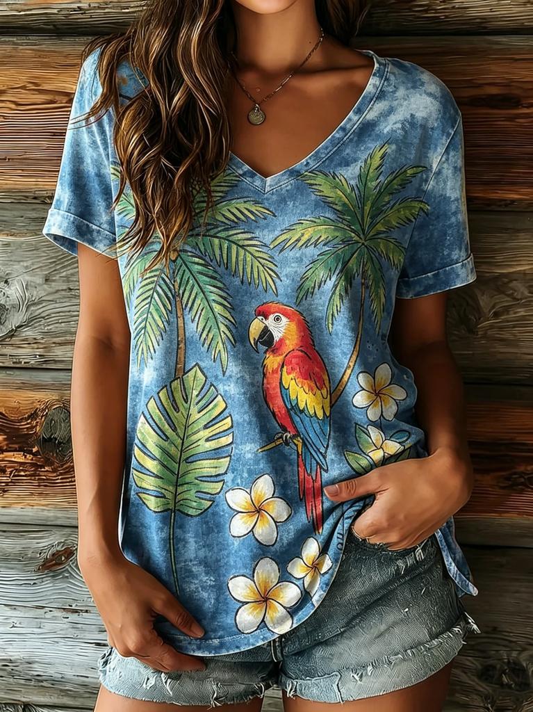 Women's V-Neck Beige Sunflower Rainbow & Hearts Print Short Sleeve T-Shirt, Casual Tops for Spring & Summer