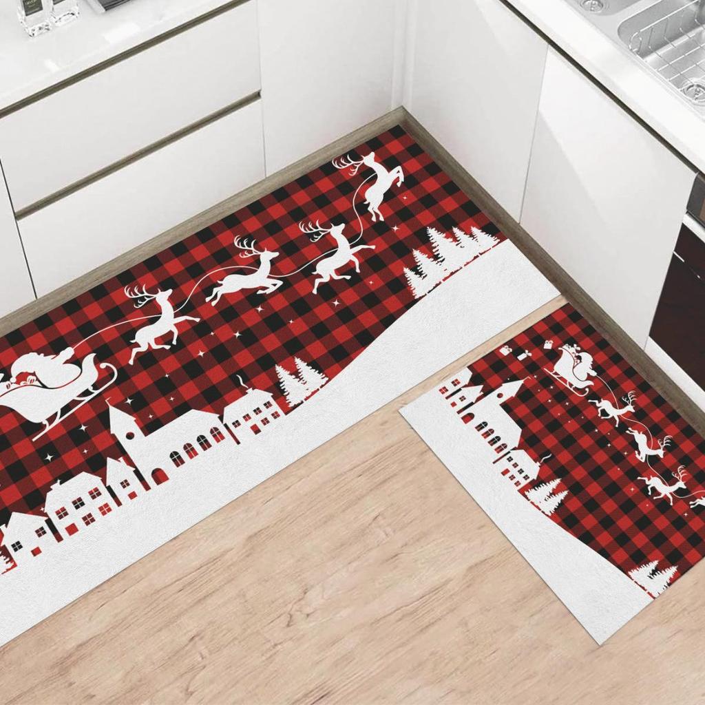 New Christmas Linen Kitchen Mat Set: Absorbent, Stain-Resistant, Decorative Long Strip Rugs.
