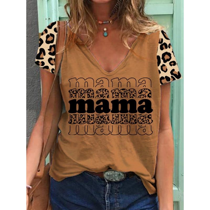 Summer V-neck 3D Mother's Day Alphabet Flower Printed Top Fashionable Casual Short Sleeved Women's T-shirts