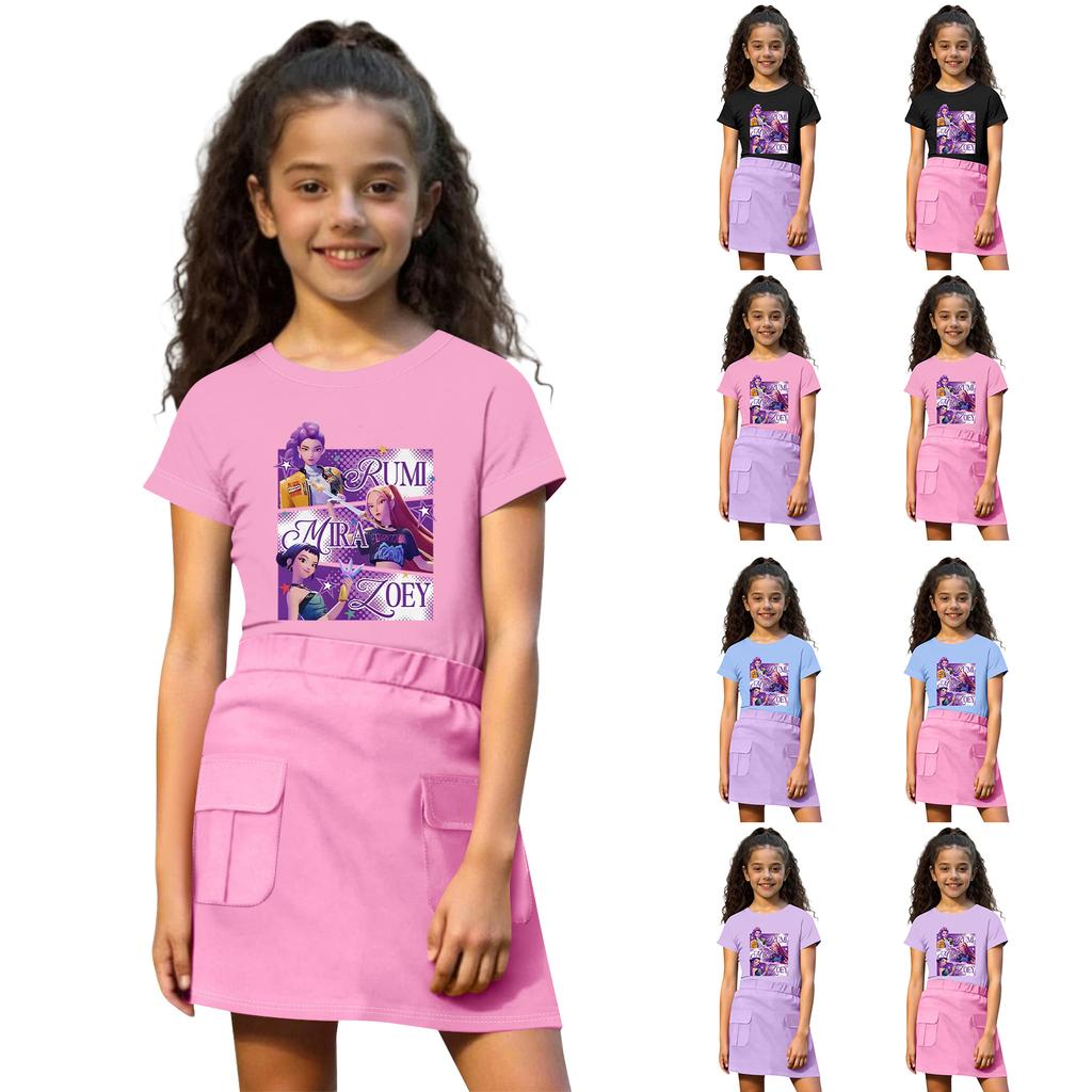 Kinder Sommer Sport T-Shirt und Röcke 2-teiliges Outfit Trainingsanzug Set Kurzarm Print Crop Tops mit Kleiderset