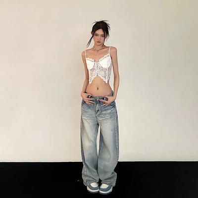 Women Vintage Streetwear Oversized Denim Pants Y2K Retro Baggy Jeans Skinny Hippie Straight Wide Leg Trousers Korean Style Plus Size