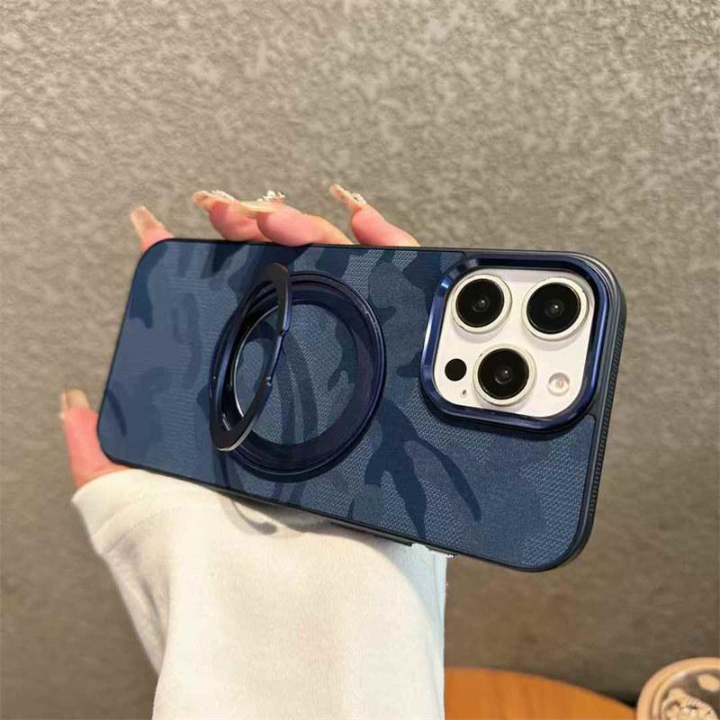 

Роскошный камуфляжный кожаный охлаждающий чехол с магнитной подставкой для iPhone 16 15 14 13 12 Pro Max 11 Покрытая ударопрочная задняя крышка iPhone 11 синий