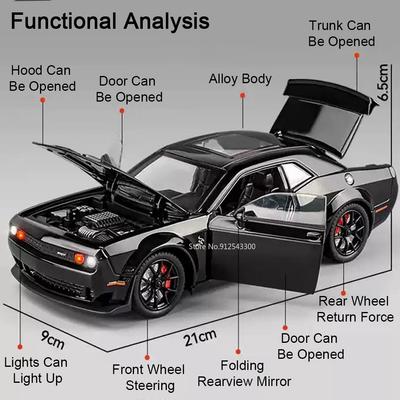 1:24 Scale Hellcat Charger Car Model Toy Music Light Pull Back Metal Diecast Doors Opened Sports Cars Toys for Children's Gifts