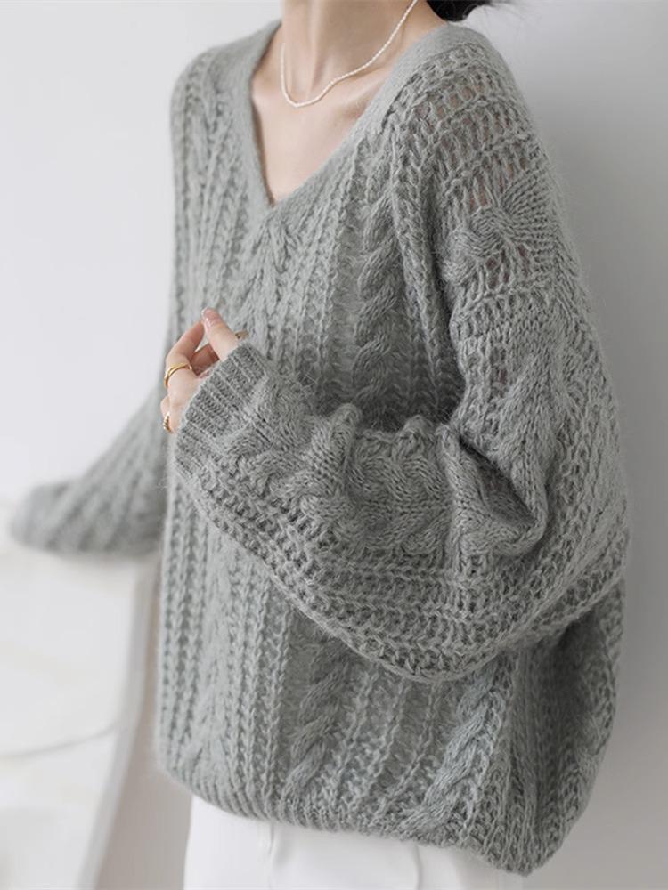 Women's Soft Mohair V-Neck Sweater - French Style, Lightweight Spring Knitwear