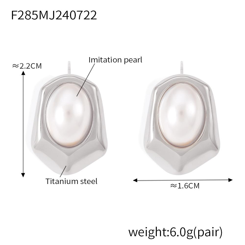 

New Geometric Hexagonal Inlaid Oval Imitation Pearl Stud Earrings Niche Temperament Titanium Steel Plated with 18k Gold