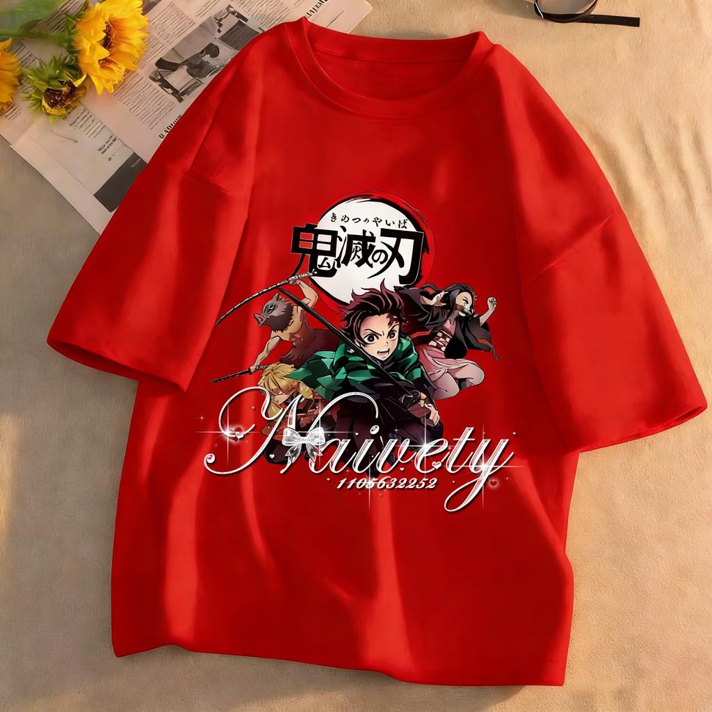 2026 Demon Slayer Main Team Printed Cotton Tshirt Summer Breathable Loose Cool Tops For Adults Kids Couple Family Y2k