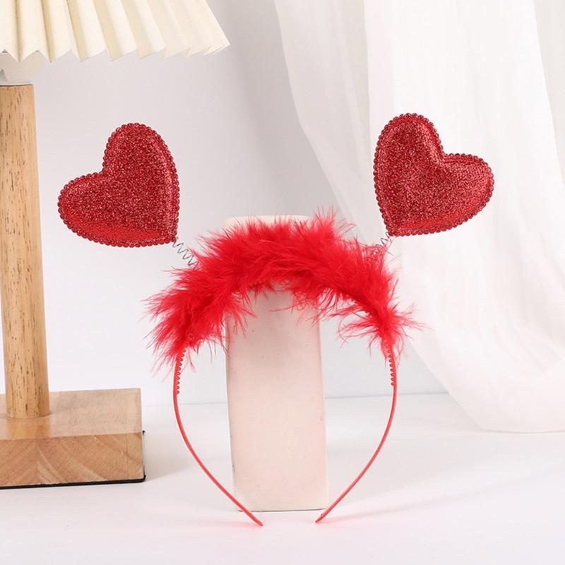 Sequins Heart Hairband Vintage Headband with Feather for Woman Valentines Party