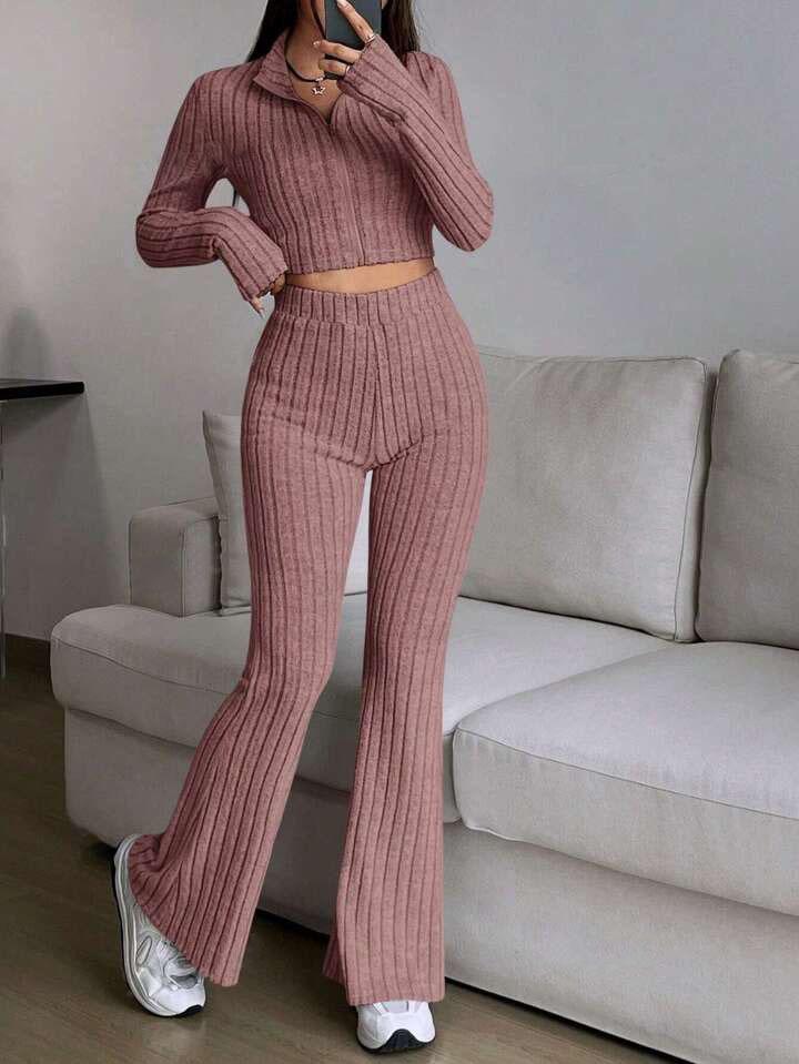 Womens 2 Piece Outfit Short Top Zipper Jacket High Waist Wide Leg Pants Set