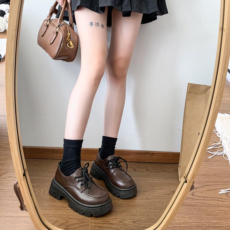 Women's Thick-Soled British-Style Leather Loafers: Spring/Autumn, Round-Toe, Lace-Up, JK Japanese-Inspired, Versatile Chunky Heel