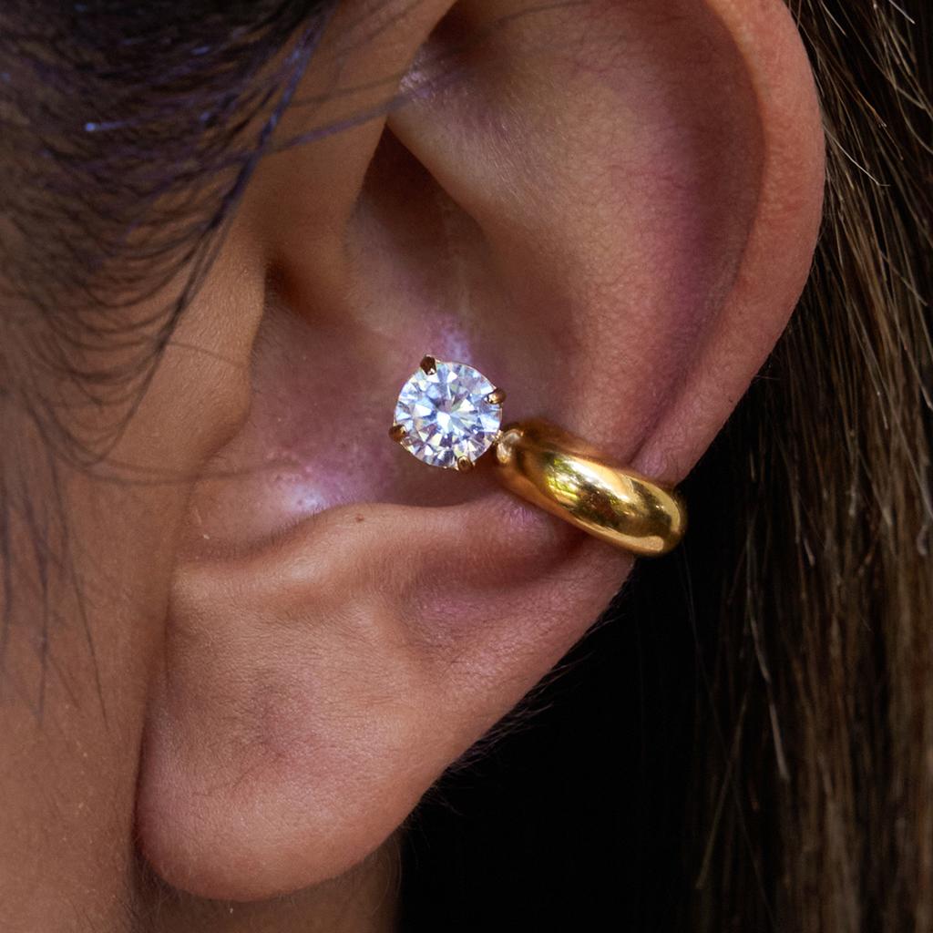 Design Sense 18K Gold, Round White Zircon Earclip Earrings.