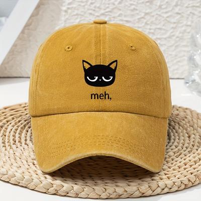Cartoon Black Cat Print Vintage Washed Baseball Cap, Unisex Dad Cap, Soft Top Washed Duckbill Cap, Outdoor