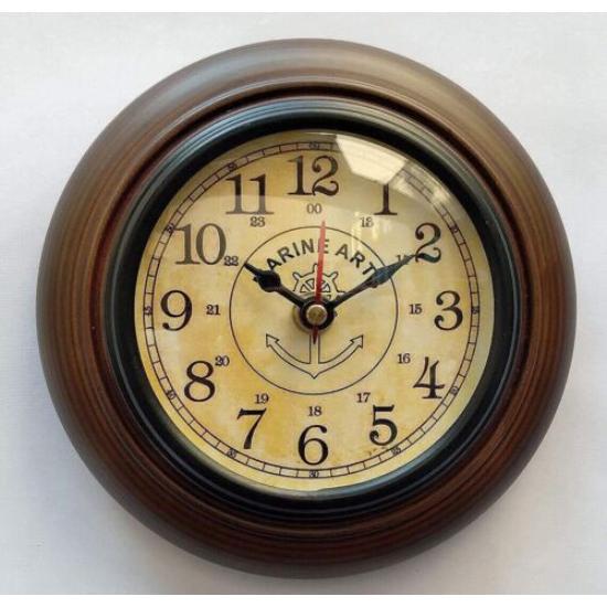 Wooden Wall Clock Handmade Brass Glass 6 Inch Vintage Look Home And Office
