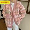 BF Ladies Cardigans Long Sleeve Knitted Argyle Sweater Women Korean Pink Sweaters Female Jumpers Cardigan Jacket with Buttons