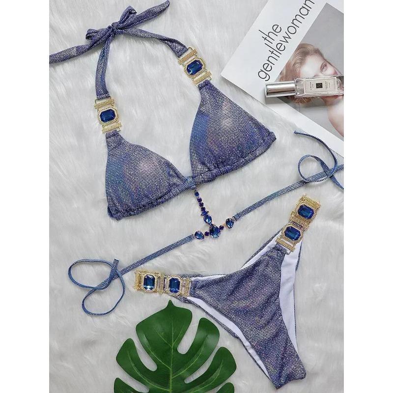 

2025 Блискуче стразове діамантове бікіні Жіночий купальник Жіночий купальний костюм Комплект бікіні з двох частин Халтер Металеві ланцюжки Купальний костюм L