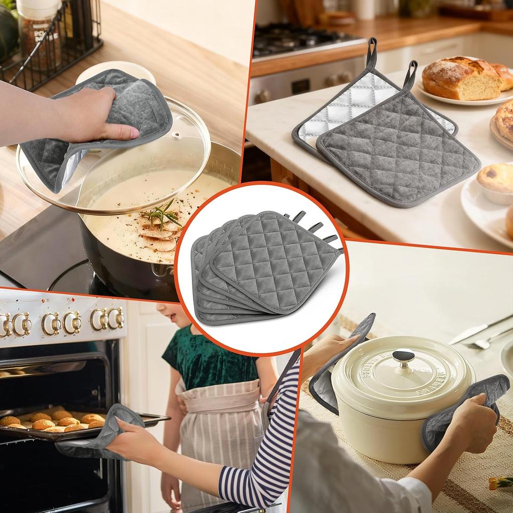 5 Pack Pot Holders for Kitchen Heavy Duty Hot Pads, Hot Pads for Kitchen,8 Inch Square Potholders for Cooking, Baking & Grilling (Black)