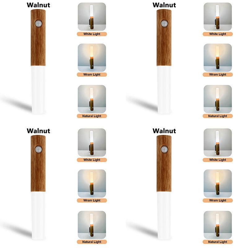 4pcs Motion Sensor Night Light Wooden Rechargeable 3color Magnet Indoor Body Sensor Night Lights Hand-Held Portable Led Wall Sconce Emergency Light