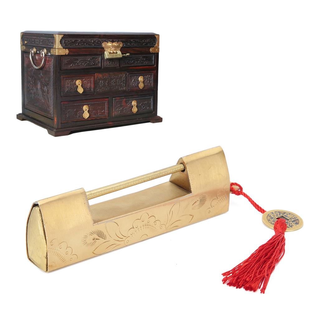 Brass Lock with Key 6.5cm Antique Chinese Style Carved Padlock for Jewelry Box Cabinet