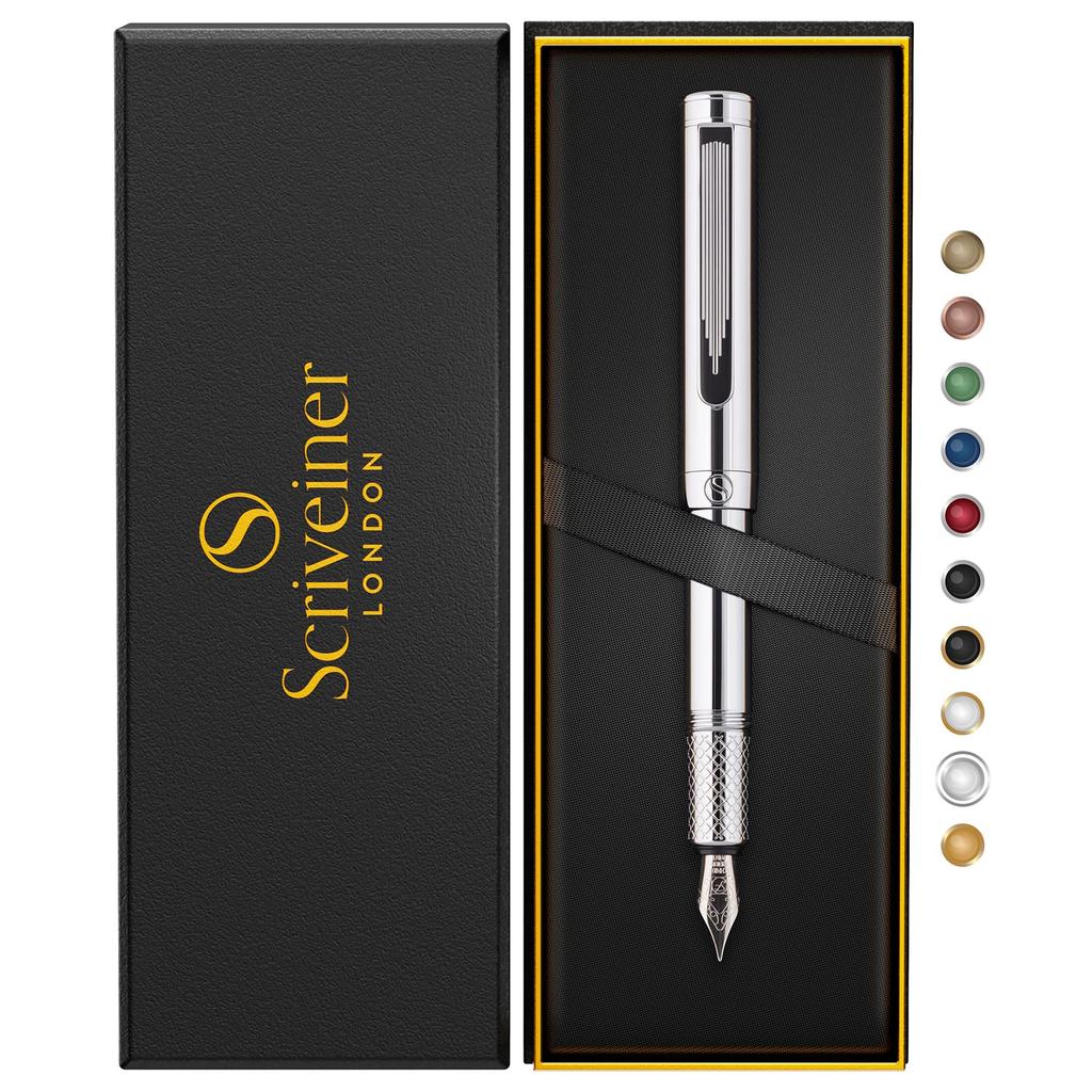 Scriveiner Luxusní EDC plnicí pero, nádherné těžké kapesní pero s chromovaným povrchem, Schmidt s německým hrotem, konvertor, nejlepší psací pero, dárková sada, pěkné stylové kancelářské pero
