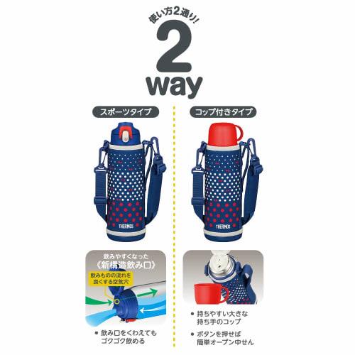 Thermos Water Bottle Vacuum Insulated 2-Way Bottle 1.0L/1.03L Navy Dot FJJ-1000WF NVD