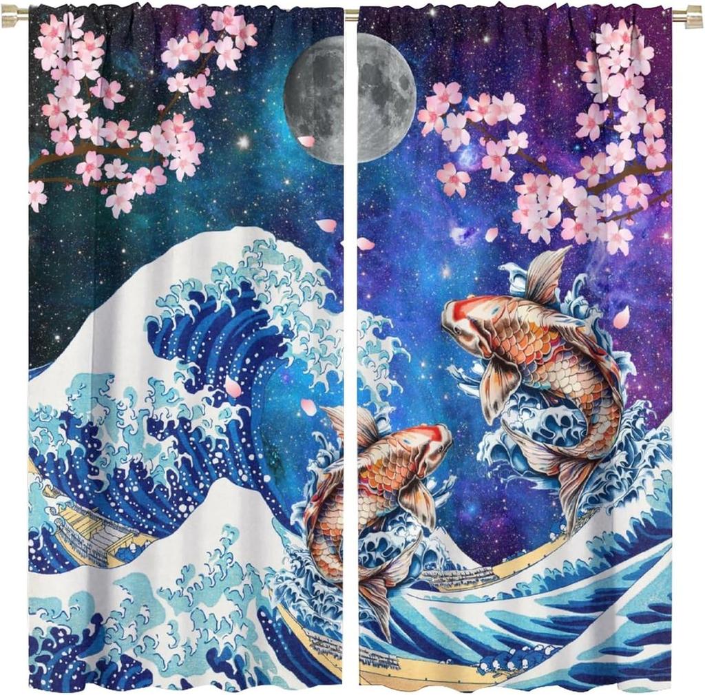 Pink Cherry Blossom Curtains Fantasy Anime Koi Fish Rod Pocket Blackout Window Drapes for Living Room Bedroom Kitchen Cafe Decor