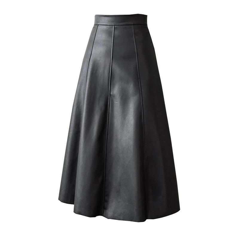 Leather Skirt for Women High Waisted A-line Knee-length Skirt with Big Swing