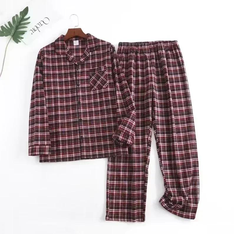 Rutet design Flerfarget Varm bomullsflanell Langermet Bukser Pyjamas for menn Høst og Vinter Hjemmeklær Nattøy Sett