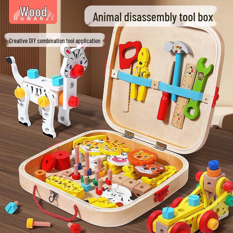

Wooden Children s Toolbox: Screw, Nut, and Block Assembly Toy with Handheld Storage