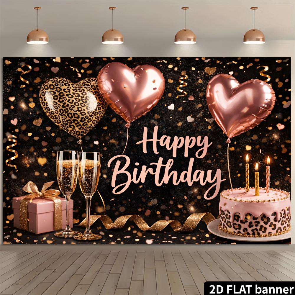2D Birthday Party Backdrop Banner, with the Theme of a Heart-shaped Cake, Featuring Black and Gold Leopard Print Design