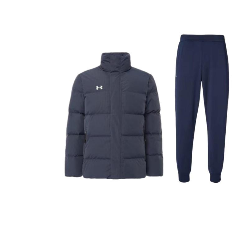 

Under Armour Куртка с воротником-стойкой однотонная с длинным рукавом и брюки с эластичными манжетами, повседневный спортивный комплект, унисекс, 23600704-409+-23600802-013 M