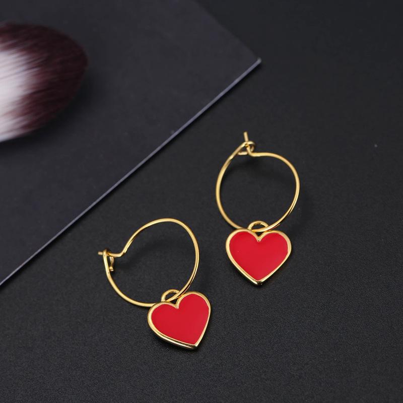 Korean-Style Retro Heart Earrings - Simple Red Ear Studs & Sweet Hoop Pendants for Women