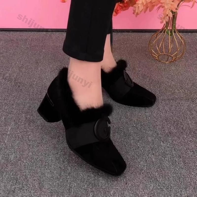 Woman Square Toe High Heels Shoes Woman Winter New Fashion Thick Heel Ankle Boots Suede Metal Buckle Cotton Shoes Dress Pumps