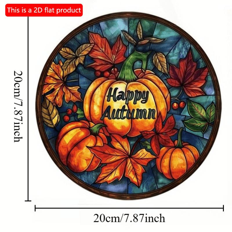 2d Flat 20*20cm, Autumn Decoration, Hello Autumn, Autumn Harvest Maple Leaves Pumpkin Wooden Circular Logo, for Home, Cafe, Bedroom, Office Wall Decor