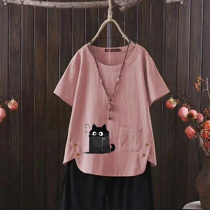 

Футболка из льна с цветочным принтом в винтажном стиле, женская летняя рубашка с графическим принтом, вырез горловины в стиле бохо, размер S-4XL 4XL розовый