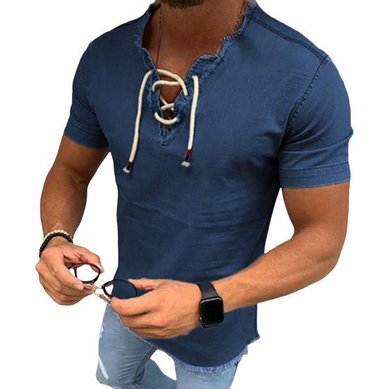 Pánské tričko s výstřihem do V a šněrováním, letní jednobarevný top s krátkým rukávem pro odvážné