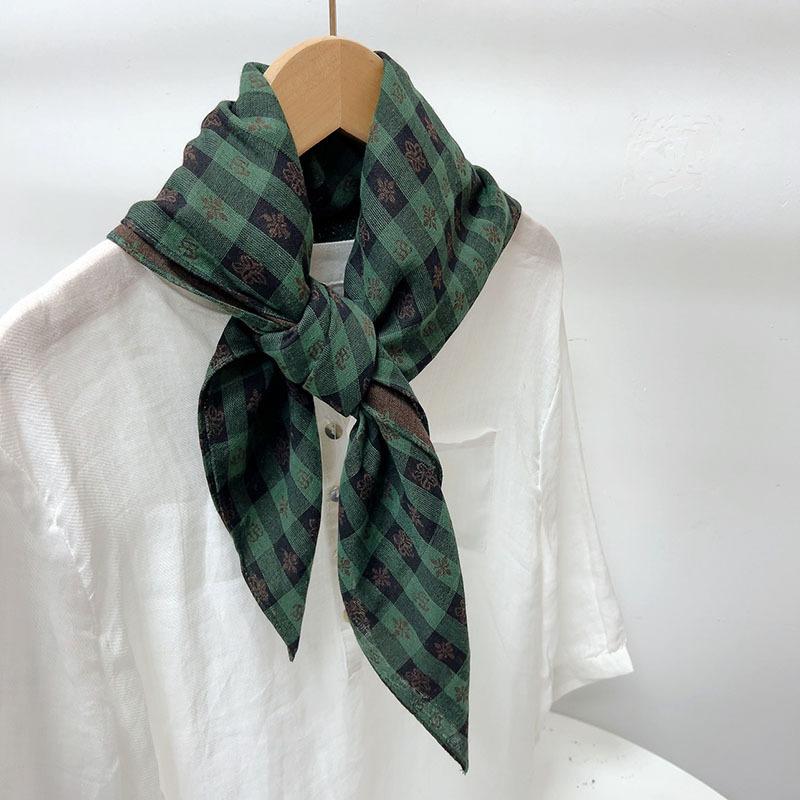 Retro Small Plaid Linen Square Scarf Literary And Versatile Women'S Summer Neck Protection Small Silk Scarf Scarf Accessories