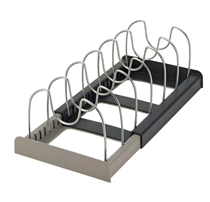 Rozšiřitelný držák na hrnce a pánve, držák na kuchyňskou linku, spíž, organizér na pečicí nádobí se 6 nastavitelnými přihrádkami