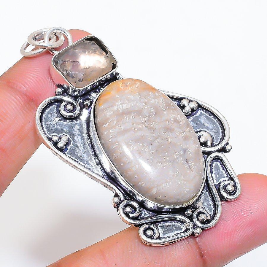 Natural Fossil Coral, Topaz 925 Sterling Silver Jewelry Pendant 2.44" ZS-172
