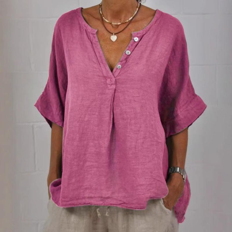 Spring New Women's Casual Mid Sleeved Cotton Linen Solid Color Shirt