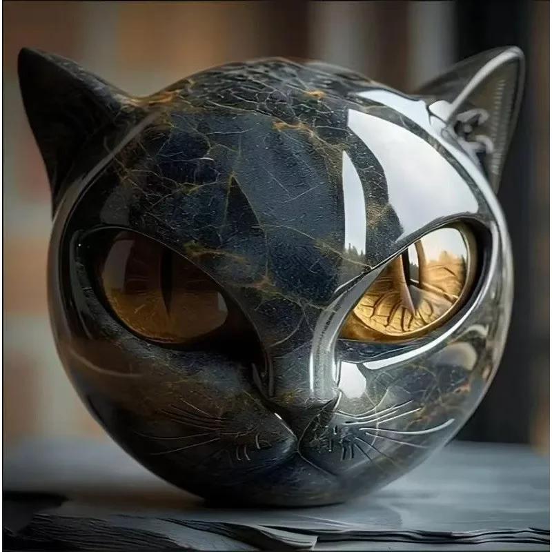 

Gift Home Office Desktop Decoration Black Cat Stone Figurine Resin Cat Head Healing Stone Marble Texture Cat Stone Keepsake