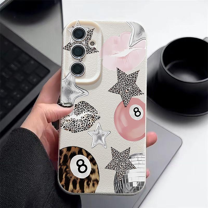 Vintage Leopard Print Stars Billiards Case For Samsung Galaxy S25 Edge S24 Ultra S23 S22 Plus S21 FE S26 Ultra Leather Texture Silicone Cover