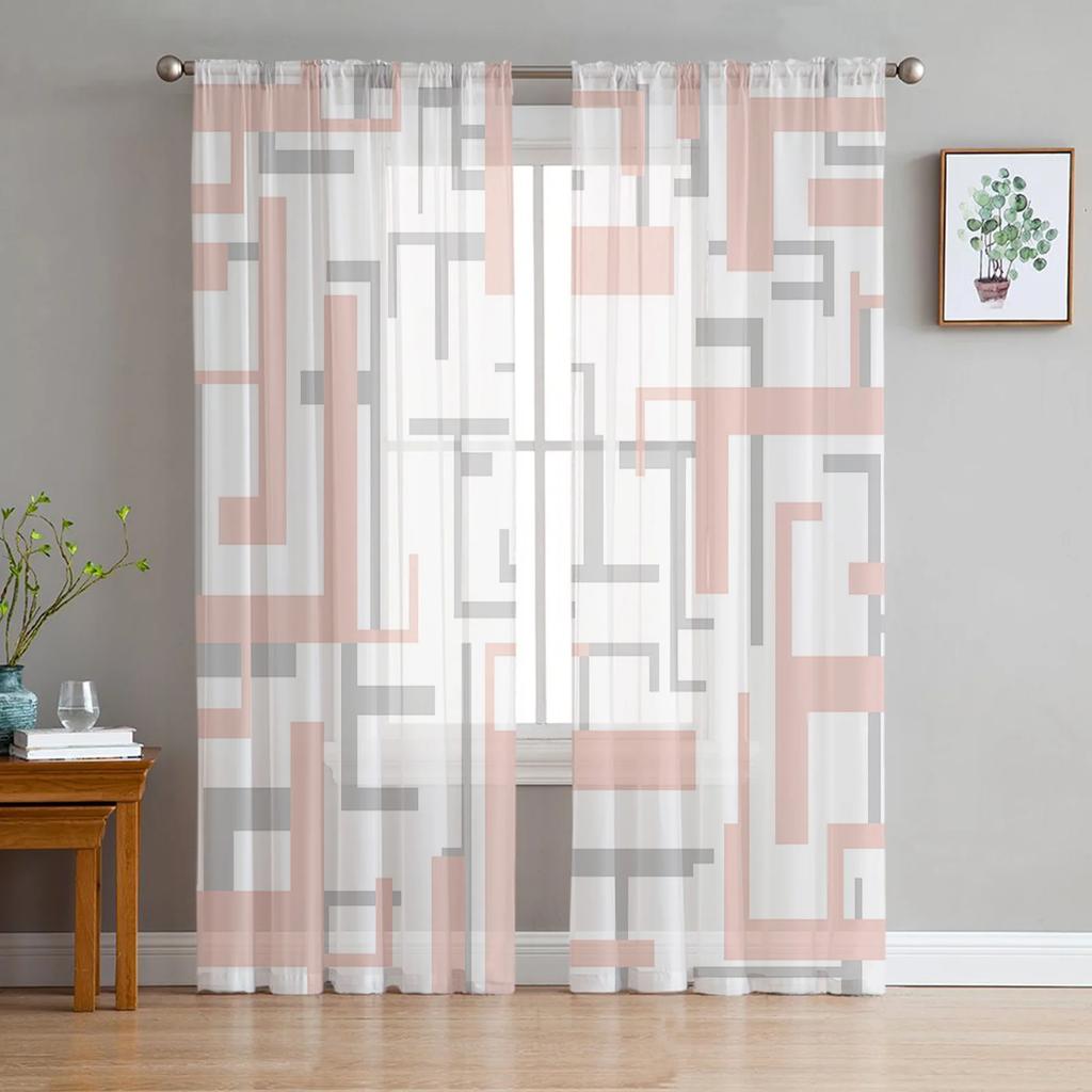 Luxury Art Geometry Yellow Grey Curtains Living Room Printed Tulle Window Curtain Home Balcony Decor Drapes Light Filtering For Area Made Of Polyester