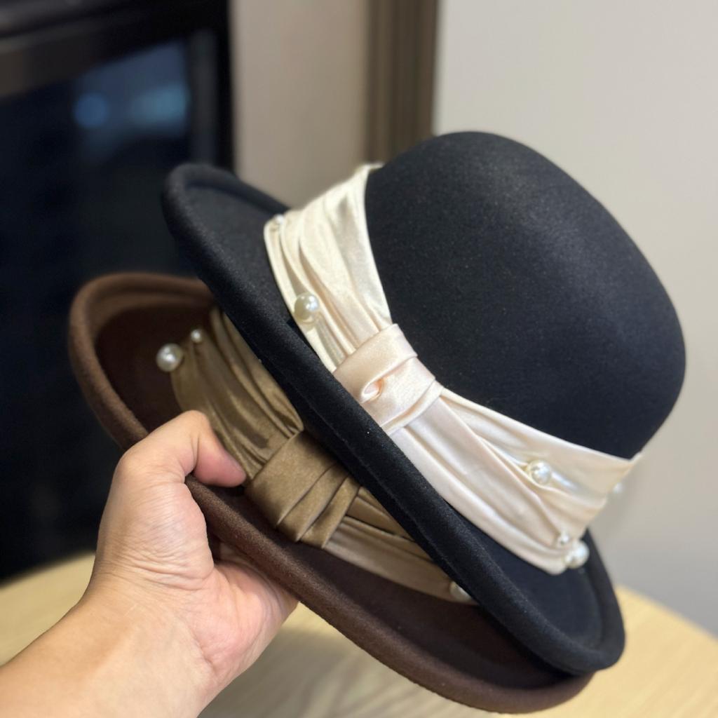 Pearl Hat Basin Hat Retro Hepburn Style Small Brim Fisherman Hat High End Elegant Lady's Woolen Hat