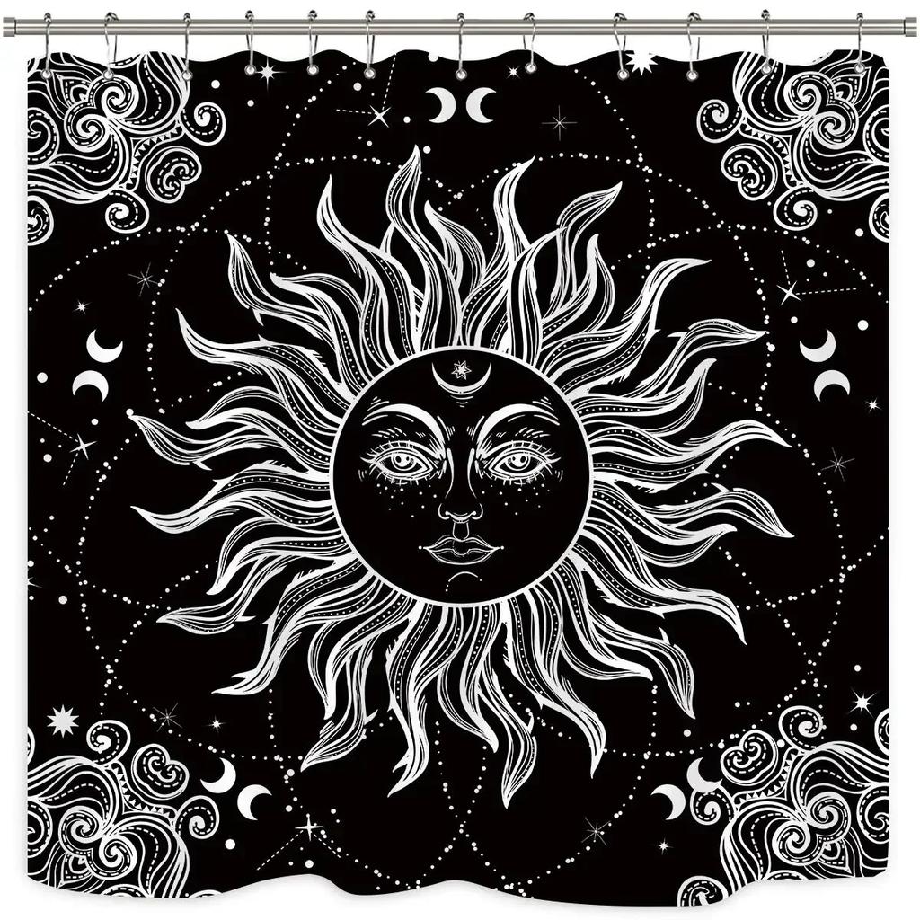 Shower Curtain Moon Star Black and White Waterproof Polyester Fabric Bathroom Curtains Home Decor Hooks