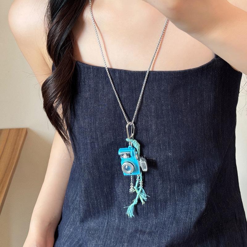 Titanium steel Saturn camera pendant necklace fashion trend versatile sweater chain niche personality high-end jewelry