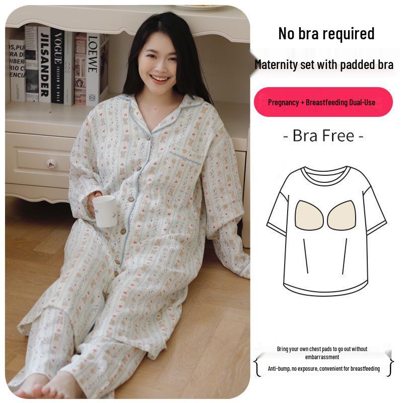 Pure Cotton Maternity Dress with Breast Pads - Lightweight Spring/Summer Postpartum Breastfeeding Robe